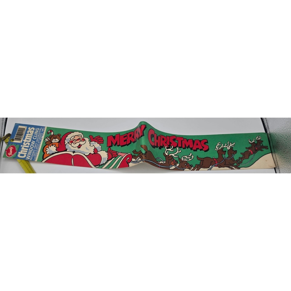 Vintage 1993 Prismatix Merry Christmas Window Cling Santa Reindeer 21.5" Banner